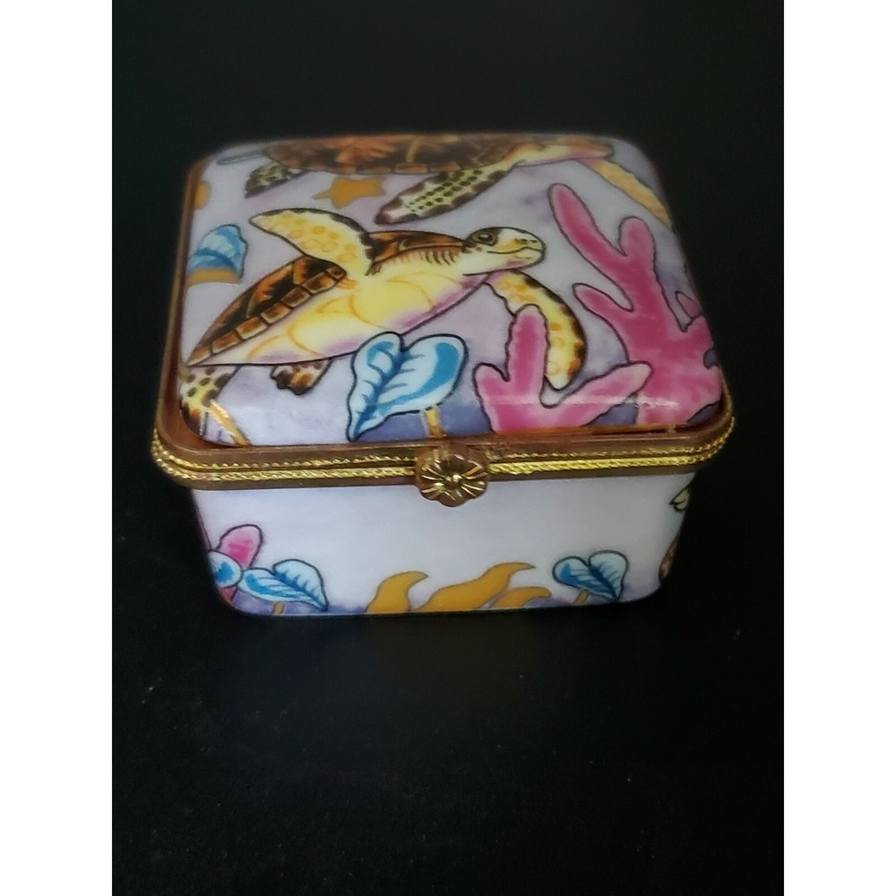 Trinket Box by Agiftcorp Turtle Accents hand painted with hinge Ceramic Porcelai